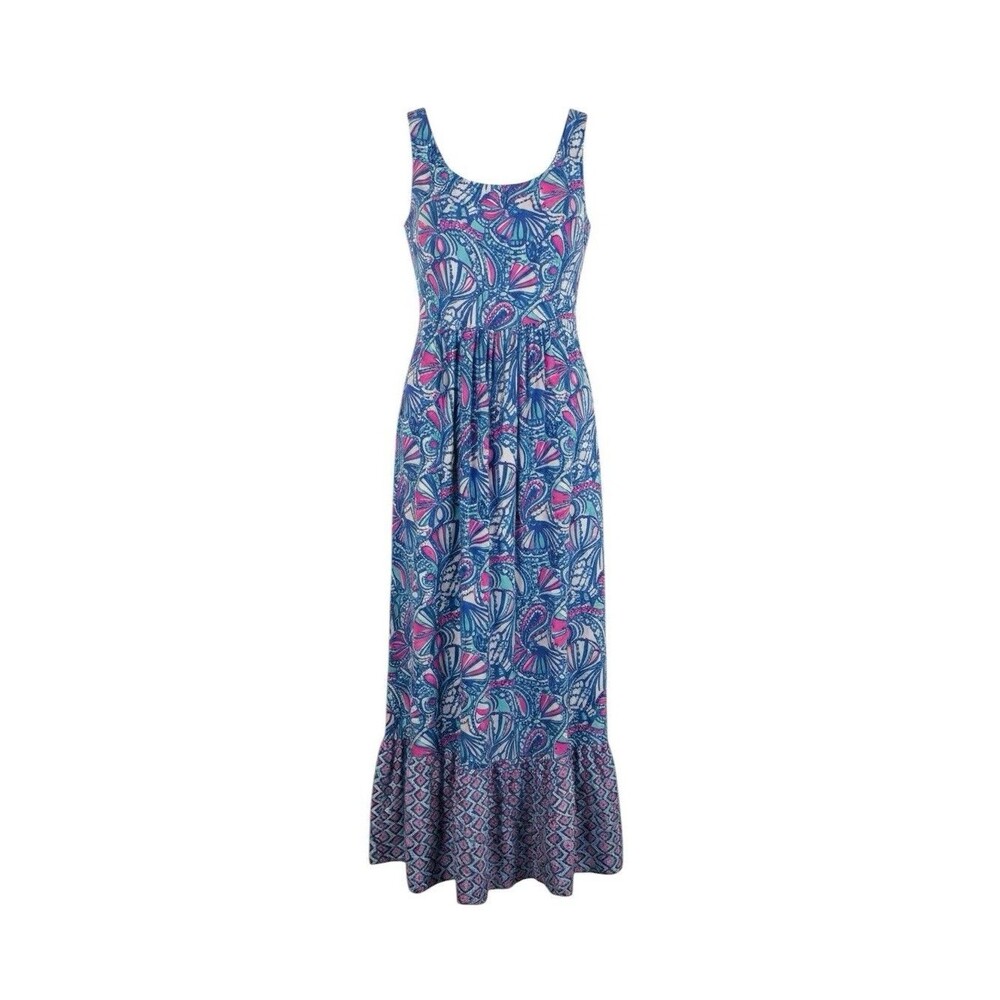 Lilly Pulitzer Target Tiered Midi A-line Dress L Blue Pink Paisley Sleeveless